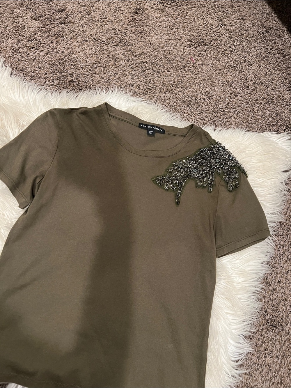 Boston Proper Olive Green Short Sleeve Tee with Beaded Shoulder Detail